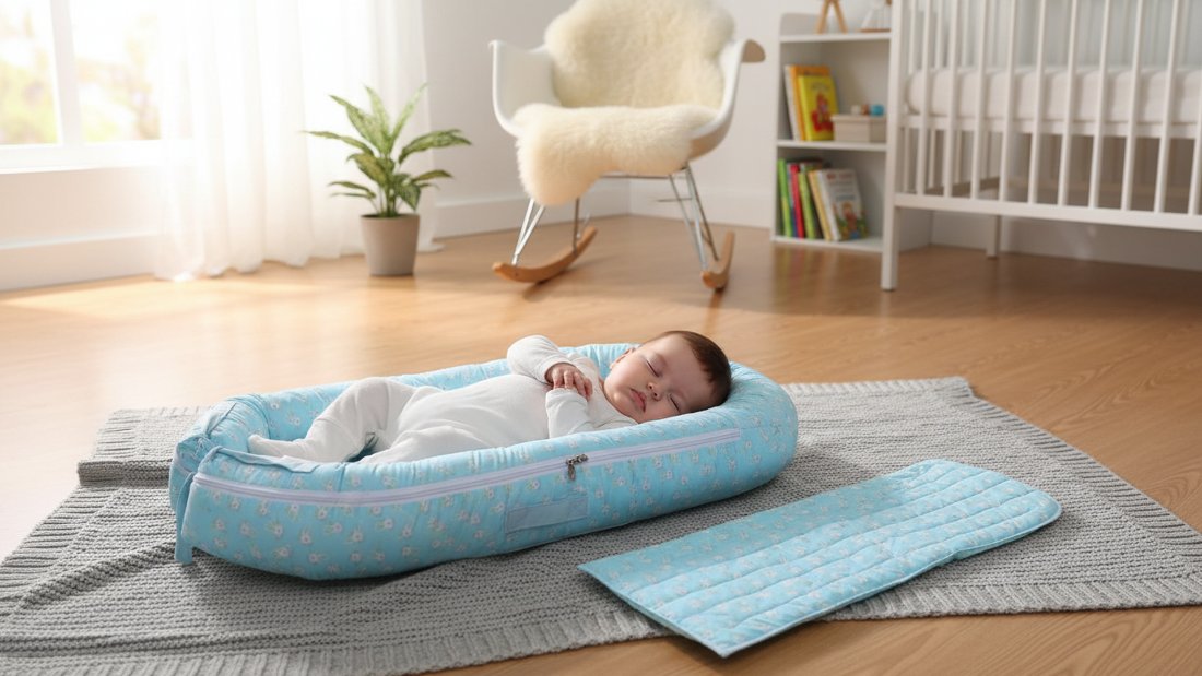 Newborn asleep in a soft floral baby nest with matching mat