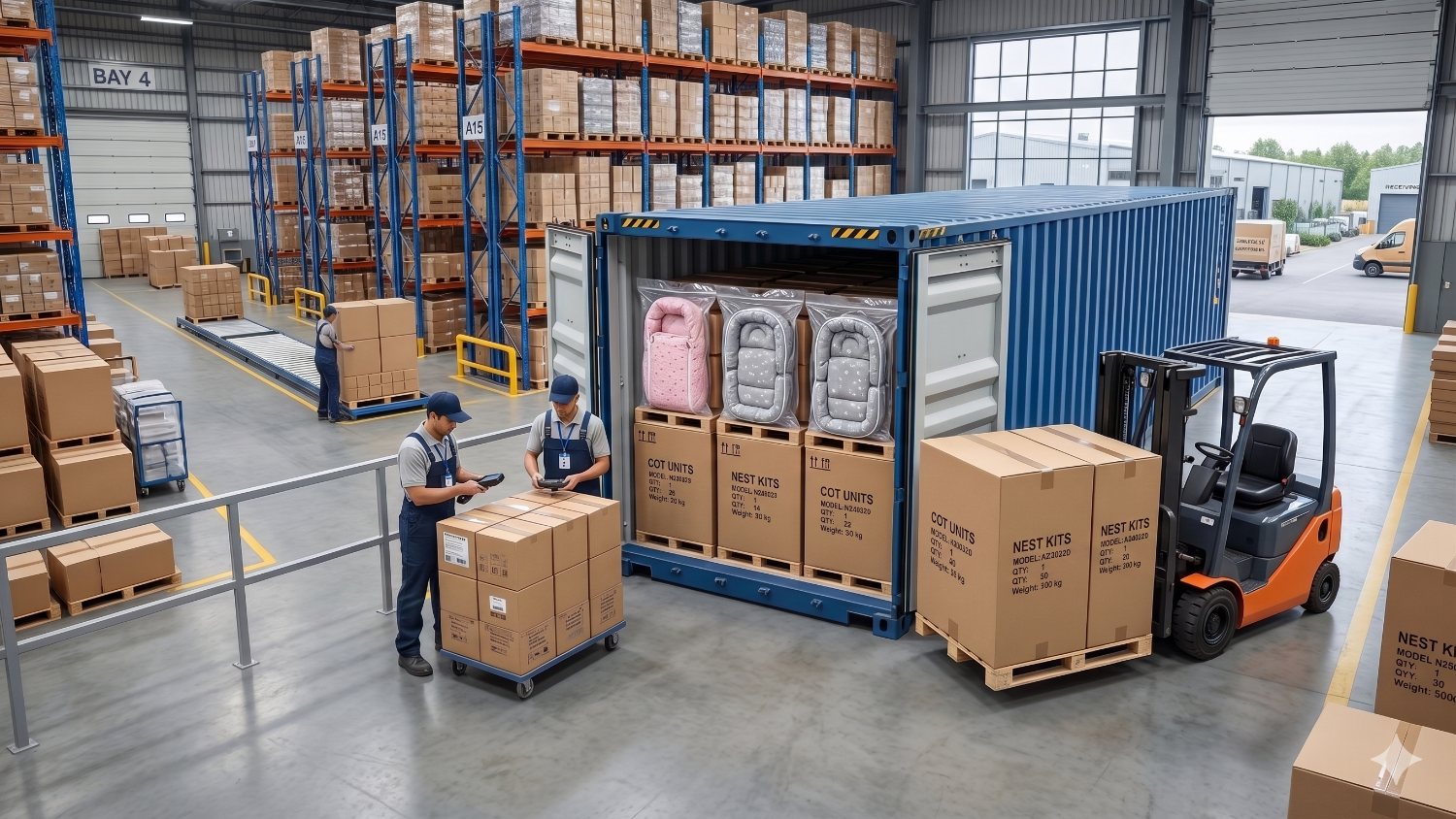 Workers loading palletised cot units and nest kits into a shipping container for export