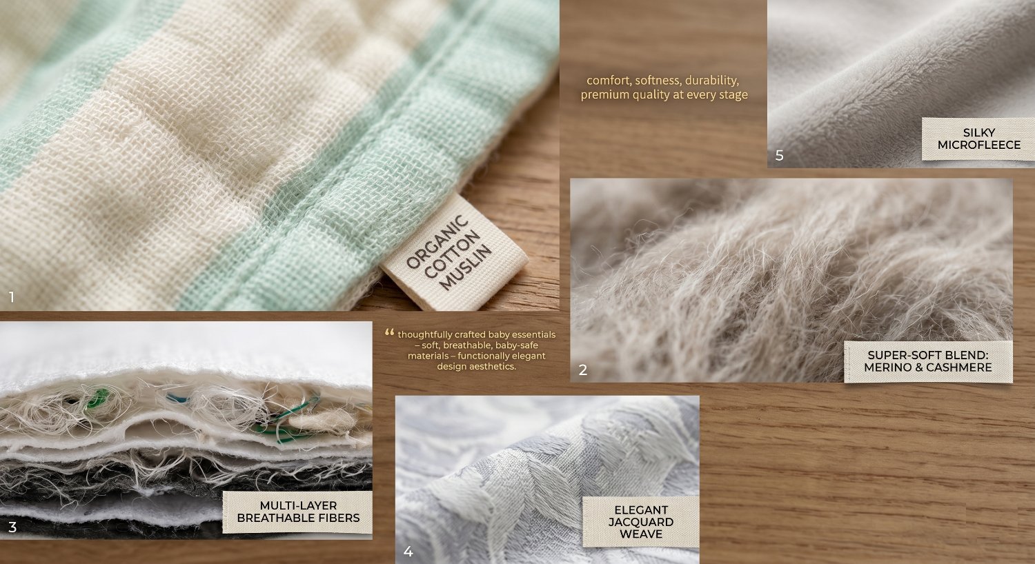Close-up swatches of organic cotton muslin, merino and cashmere blend, multi-layer breathable fibres, jacquard weave and silky microfleece