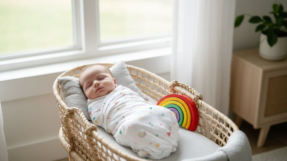 Newborn swaddled in printed muslin in a woven bassinet