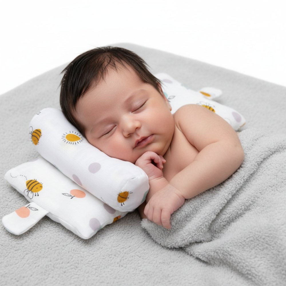 Newborn resting between soft nursing support pillows