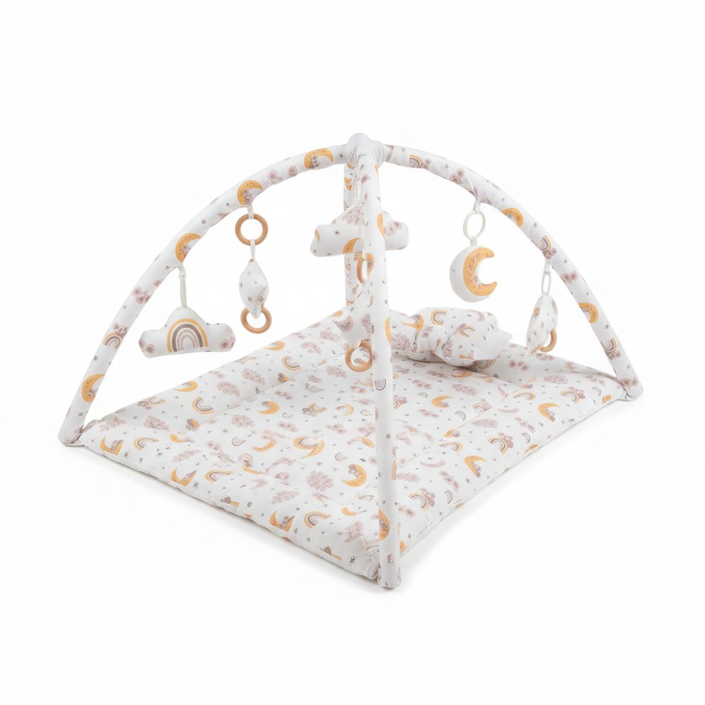Soft baby play gym with hanging rainbow, moon and star toys