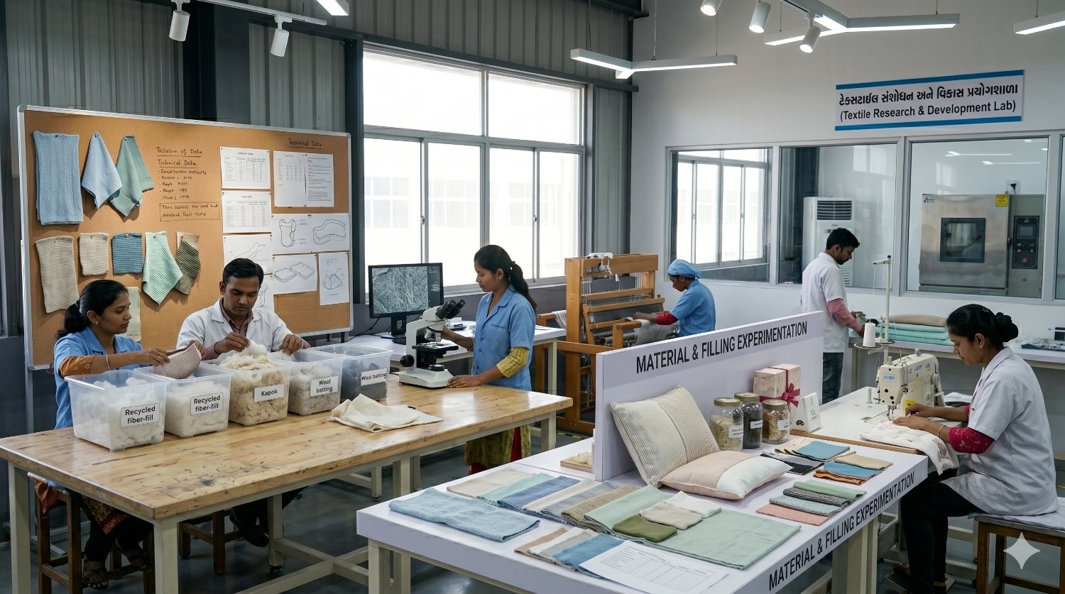 Textile Research & Development Lab with material and filling experimentation, fabric swatches and a microscope