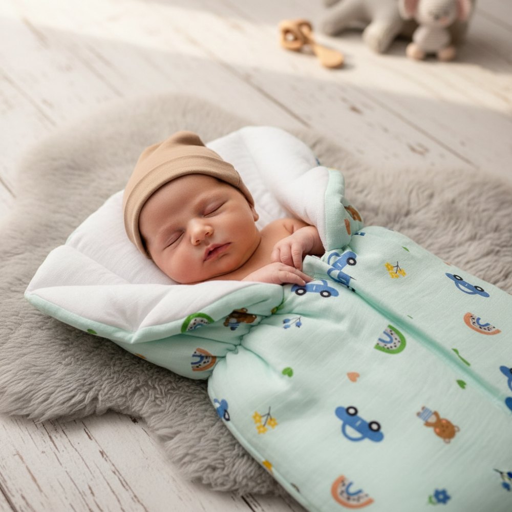 Baby asleep in a printed muslin sleeping bag